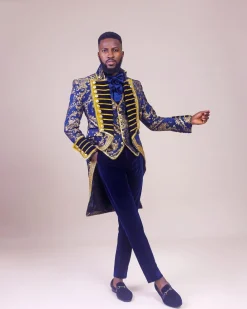 A “Abingdon” royalty tail gold and blue floral metallic Jacquard tuxedo suit