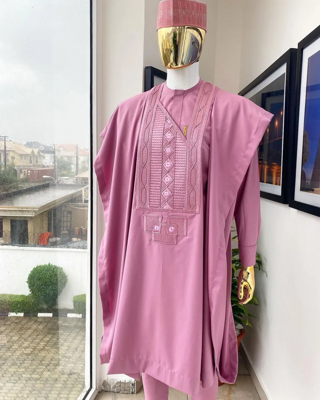 A Ballet Slipper pink connected Embriodery Agbada, buba & sokoto