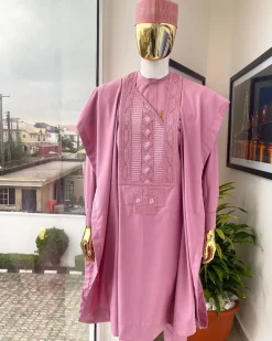 A Ballet Slipper pink connected Embriodery Agbada, buba & sokoto