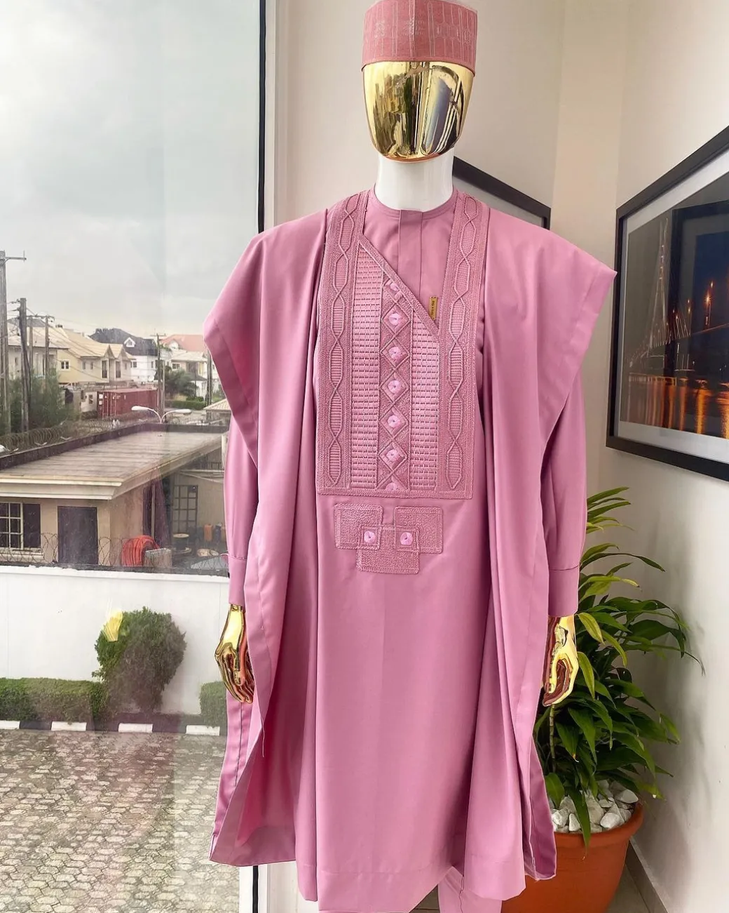 A Ballet Slipper pink connected Embriodery Agbada, buba & sokoto