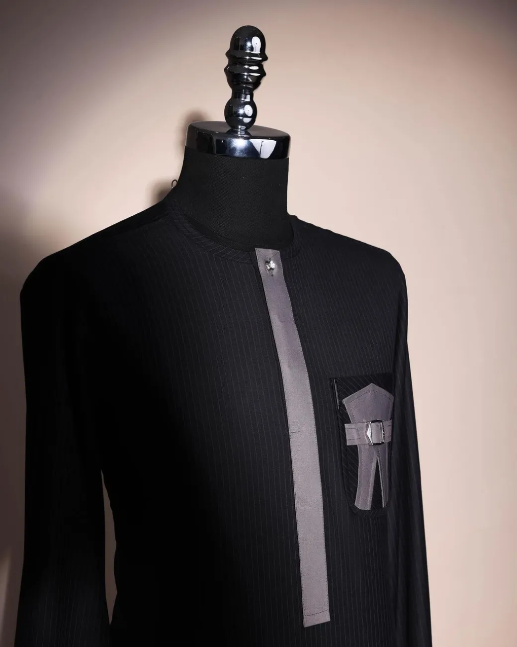 A Black pencil stripe, front flap, buckle and wings pocket, long sleeve African senator kaftan native.