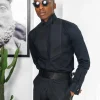 A Black, Wing Collar, Pleated Evening Tuxedo Shirt.