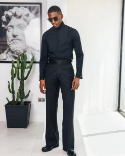A Black, Wing Collar, Pleated Evening Tuxedo Shirt.