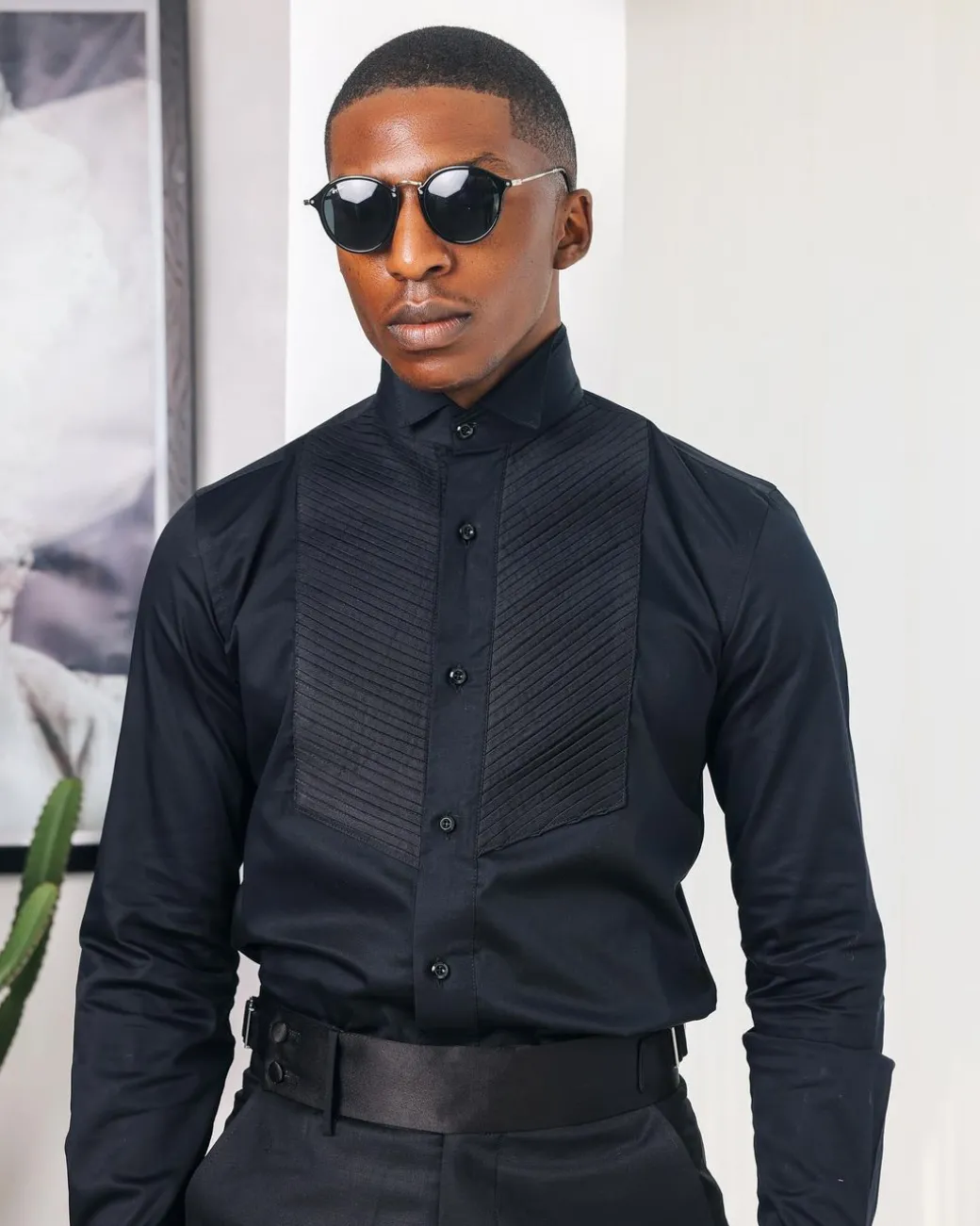 A Black, Wing Collar, Pleated Evening Tuxedo Shirt.