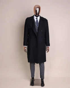 A black wool trench jacket, Cloud Grey, knitted, peak lapel jorgecarli vogue suit