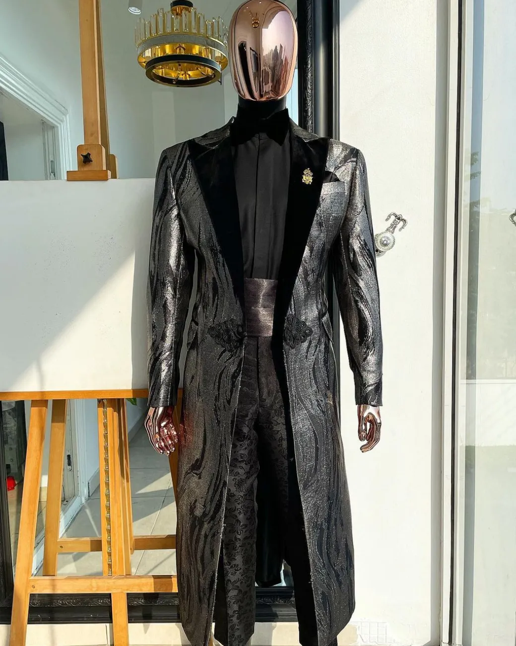 A “blade” trench metallic silver and black mix jacquard tuxedo peak lapel suit