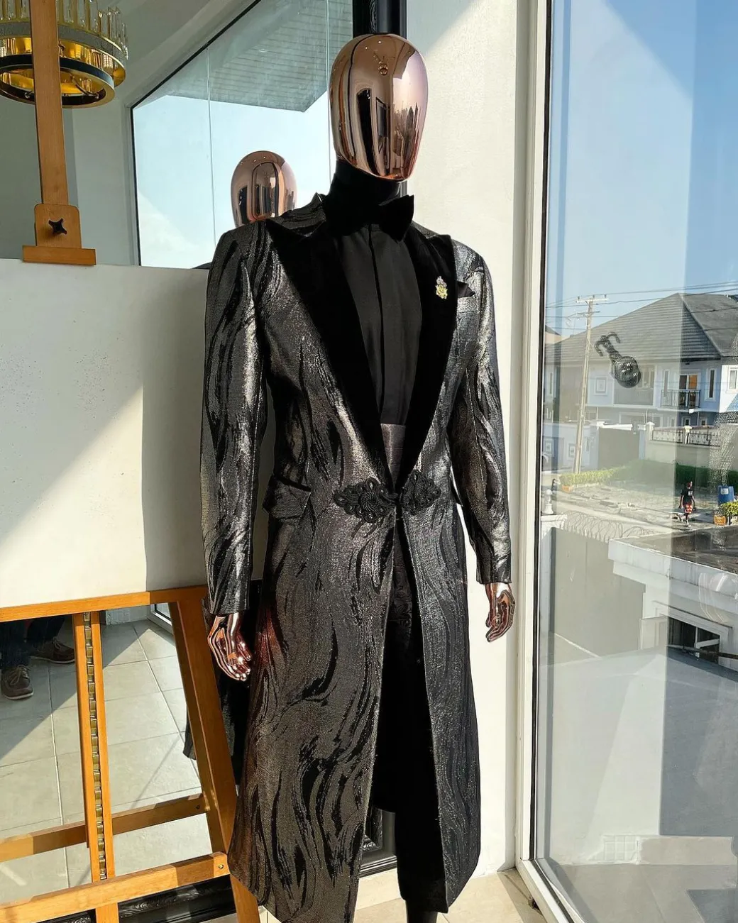 A “blade” trench metallic silver and black mix jacquard tuxedo peak lapel suit