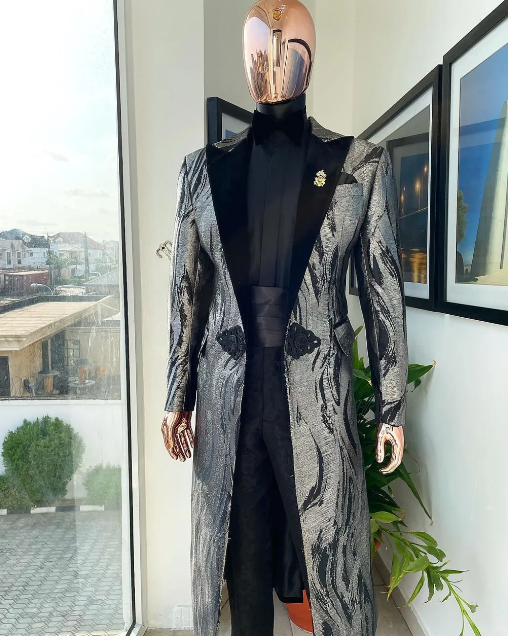 A “blade” trench metallic silver and black mix jacquard tuxedo peak lapel suit