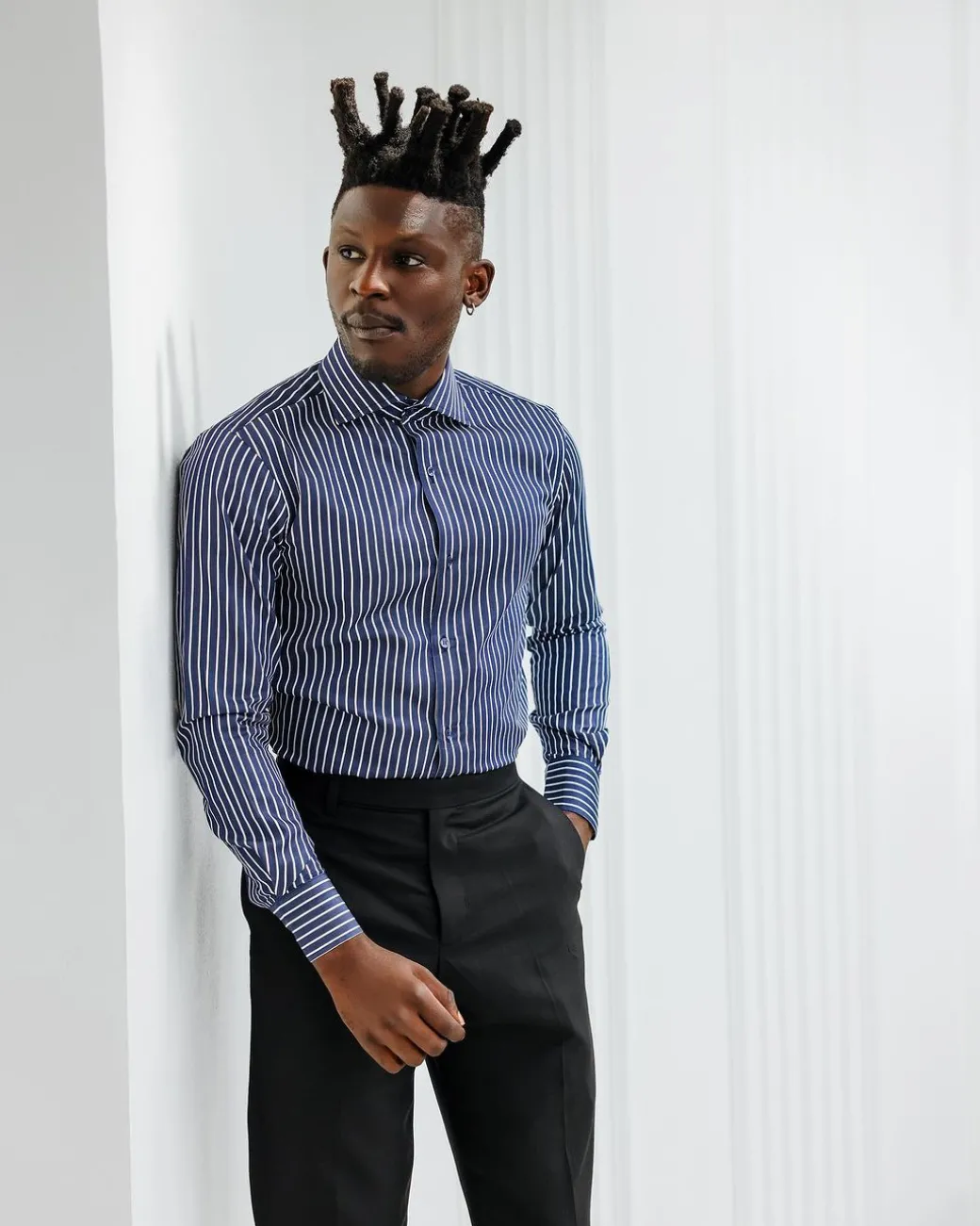 A Blue and white stripe business shirt.
