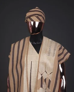 A Bold stripe dark and light brown dashiki, Sokoto, and hand-knitted Fila Yoruba, African native.
