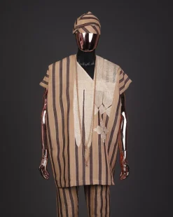 A Bold stripe dark and light brown dashiki, Sokoto, and hand-knitted Fila Yoruba, African native.