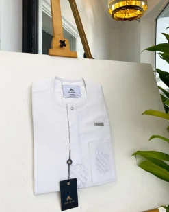 A Bold stripe white, embroidery detailing & 10mm clear view Swarovski button African traditional senator kaftan native.