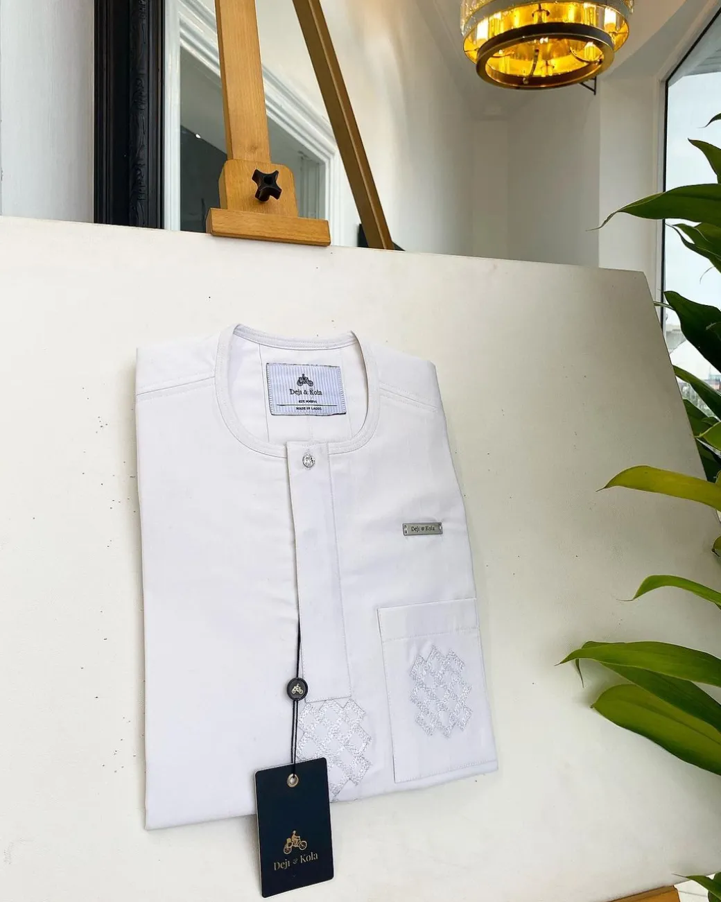 A Bold stripe white, embroidery detailing & 10mm clear view Swarovski button African traditional senator kaftan native.