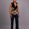 A “Boomerang” Sleeveless, Adjusted Peak Lapel Floral Jacquard Tuxedo Suit & Wide Cut Pant Trouser.