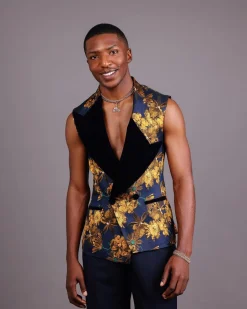 A “Boomerang” Sleeveless, Adjusted Peak Lapel Floral Jacquard Tuxedo Suit & Wide Cut Pant Trouser.