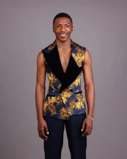 A “Boomerang” Sleeveless, Adjusted Peak Lapel Floral Jacquard Tuxedo Suit & Wide Cut Pant Trouser.