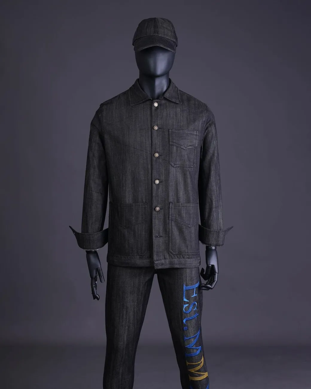 A Branded black greyscale, denim shirt jacket