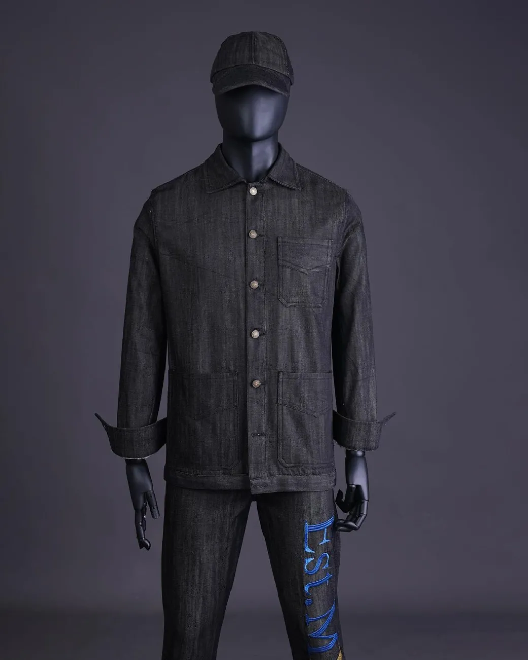 A Branded black greyscale, denim shirt jacket