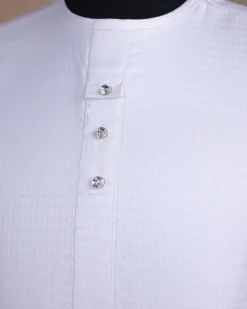 A bright white, front flap with Swarovski button, invisible zip line neck details, short sleeve African kaftan