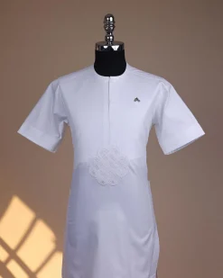 A bright white, zip line with embroidery details, short sleeve African kaftan