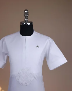 A bright white, zip line with embroidery details, short sleeve African kaftan