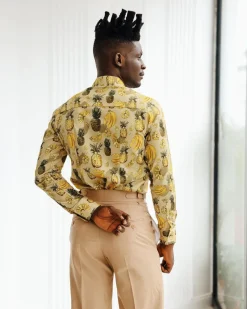 A Brown, beach plant prints vintage club collar casual shirt.