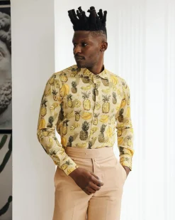 A Brown, beach plant prints vintage club collar casual shirt.
