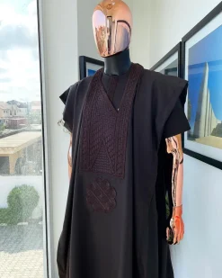 A Brown, Inverted Triangle And Rectangular Monochrome Embroidery Design Agbada