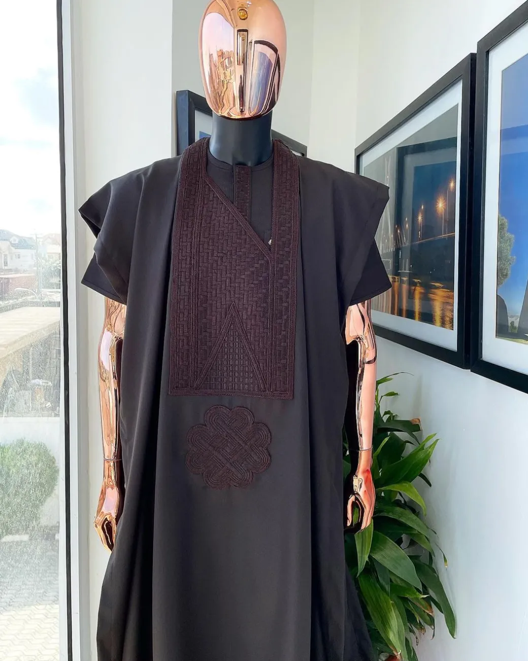 A Brown, Inverted Triangle And Rectangular Monochrome Embroidery Design Agbada