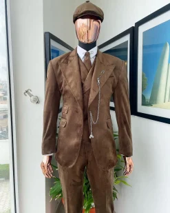 A Brunette brown “peaky blinders” monochrome velvet, hand knitted peak lapel suit