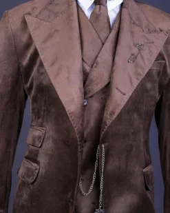 A Brunette brown “peaky blinders” monochrome velvet, hand knitted peak lapel suit