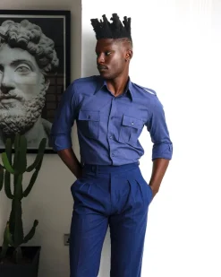 A Brushed, Navy Blue, Combat Details Shirt.