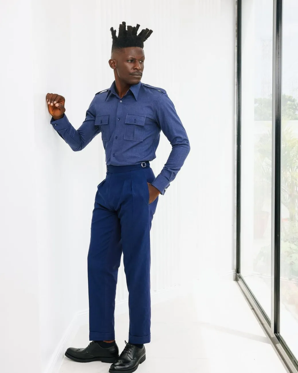 A Brushed, Navy Blue, Combat Details Shirt.