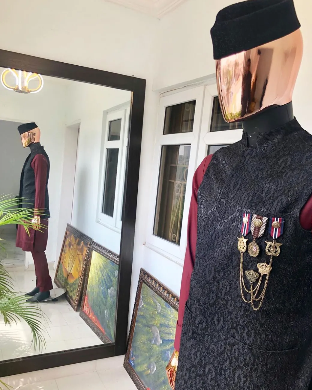 A burgundy and black Indian Nehru Wedding Jacket, Wool Hat & 2 Piece Burgundy Kaftan