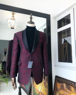 A Burgundy And Black Paisley Shawl Lapel Tuxedo Suit