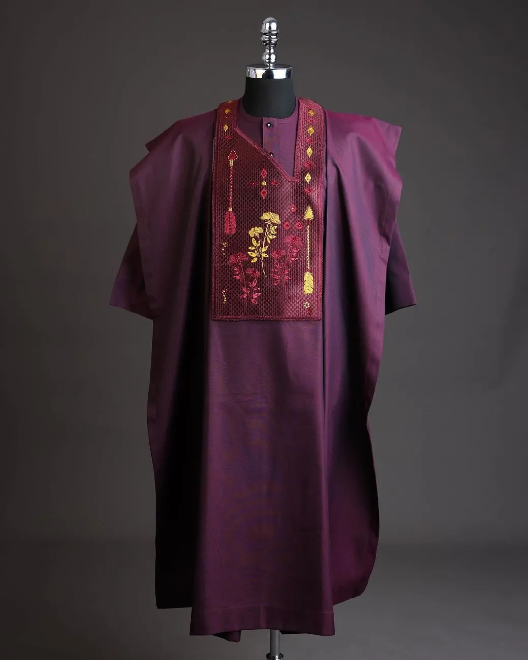 A Burgundy, arrow & floral metallic wire embroidery design silver Swarovski stone details agbada