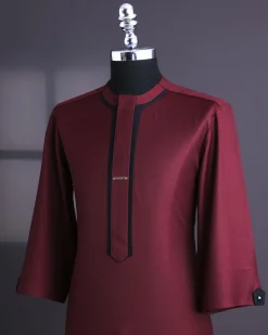 A Burgundy, black layered flap, 3/4 sleeve with black Swarovski button, traditional african senator kaftan native.