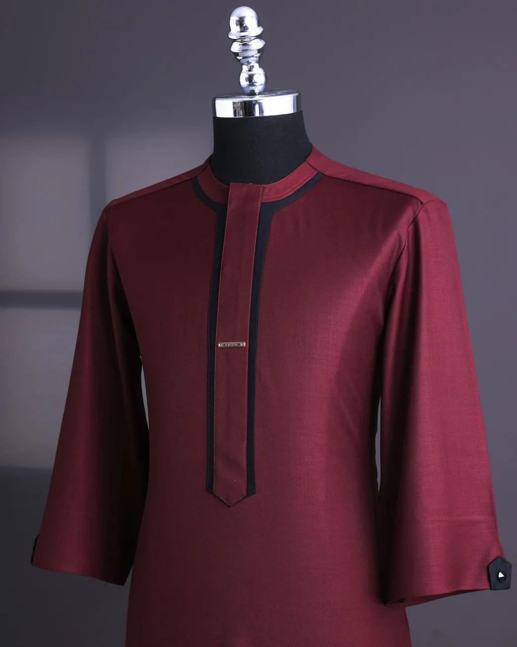 A Burgundy, black layered flap, 3/4 sleeve with black Swarovski button, traditional african senator kaftan native.