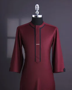 A Burgundy, black layered flap, 3/4 sleeve with black Swarovski button, traditional african senator kaftan native.