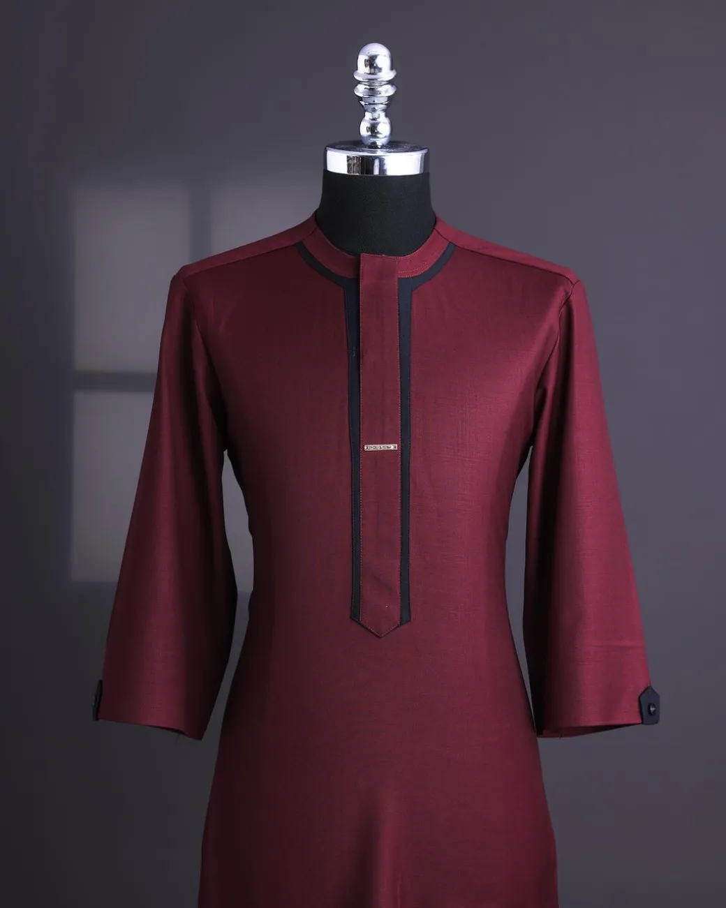 A Burgundy, black layered flap, 3/4 sleeve with black Swarovski button, traditional african senator kaftan native.