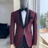 A Burgundy Dispersed Green Floral Pattern Jacquard Shawl Lapel Blazer Suit