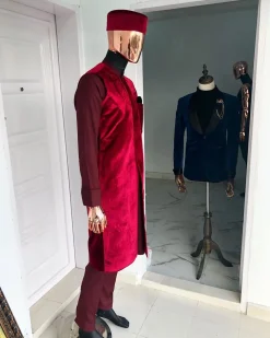 A burgundy 3-piece Kaftan, Red Velvet Trench Coat