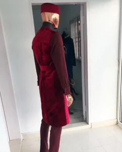 A burgundy 3-piece Kaftan, Red Velvet Trench Coat