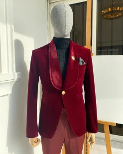 A Burgundy Shawl Lapel Soaked Velvet Tuxedo Suit