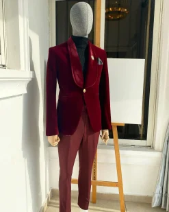 A Burgundy Shawl Lapel Soaked Velvet Tuxedo Suit