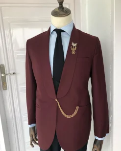 A Burgundy shawl lapel Suit With Accessories Detailing and pant