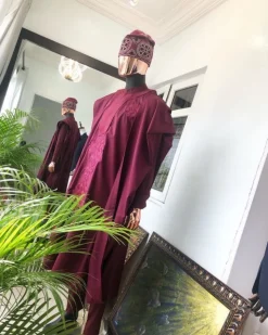 A Burgundy with Connected Embroidery Agbada