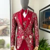 A Candy red & splash of silver, peak lapel stratocumulus patterned jacquard suit