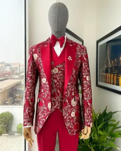 A Candy red & splash of silver, peak lapel stratocumulus patterned jacquard suit
