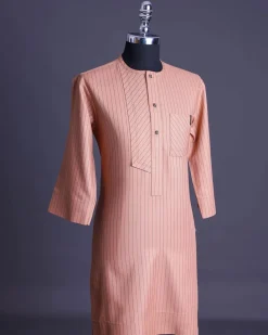 A Cantaloupe orange with a black pencil stripe and a front flap with black Swarovski buttons African senator, kaftan native